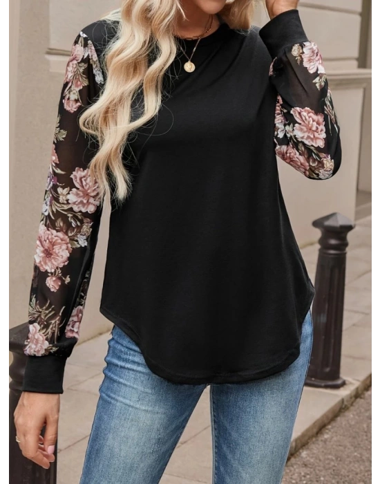 Kadın Uzun Kollu Bisiklet Yakalı Kolun çiçek Desenli Viskon Iki Iplik Bluz