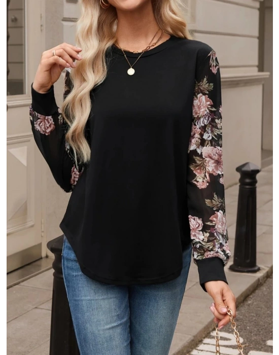 Kadın Uzun Kollu Bisiklet Yakalı Kolun çiçek Desenli Viskon Iki Iplik Bluz