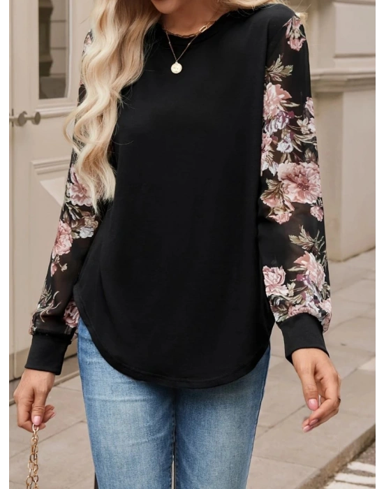 Kadın Uzun Kollu Bisiklet Yakalı Kolun çiçek Desenli Viskon Iki Iplik Bluz