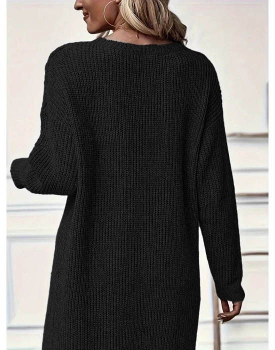 Kadın Uzun Kollu Bisiklet Yakalı önden çapraz Kesim Detaylı Midi Triko Elbise