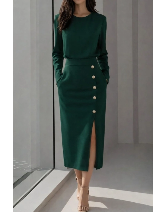 Kadın Uzun Kollu Bisiklet Yakalı Yandan Yırtmaçlı Düğmeli Midi Ithal Krep Elbise