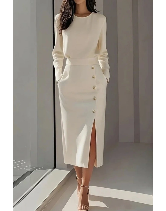 Kadın Uzun Kollu Bisiklet Yakalı Yandan Yırtmaçlı Düğmeli Midi Ithal Krep Elbise