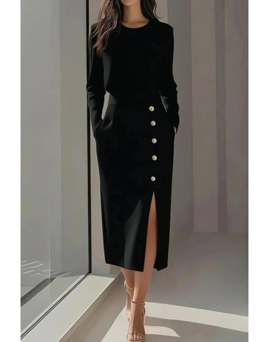 Kadın Uzun Kollu Bisiklet Yakalı Yandan Yırtmaçlı Düğmeli Midi Ithal Krep Elbise