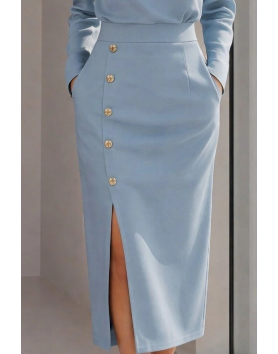 Kadın Uzun Kollu Bisiklet Yakalı Yandan Yırtmaçlı Düğmeli Midi Ithal Krep Elbise