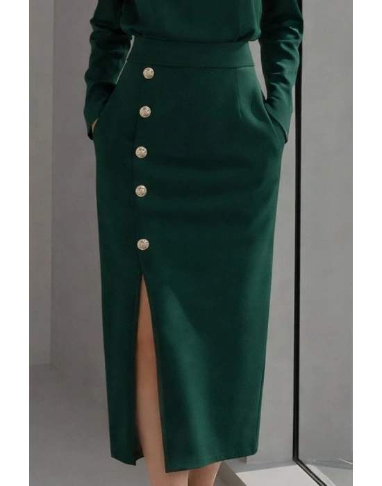 Kadın Uzun Kollu Bisiklet Yakalı Yandan Yırtmaçlı Düğmeli Midi Ithal Krep Elbise