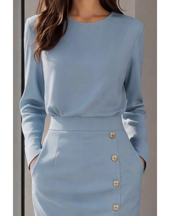 Kadın Uzun Kollu Bisiklet Yakalı Yandan Yırtmaçlı Düğmeli Midi Ithal Krep Elbise