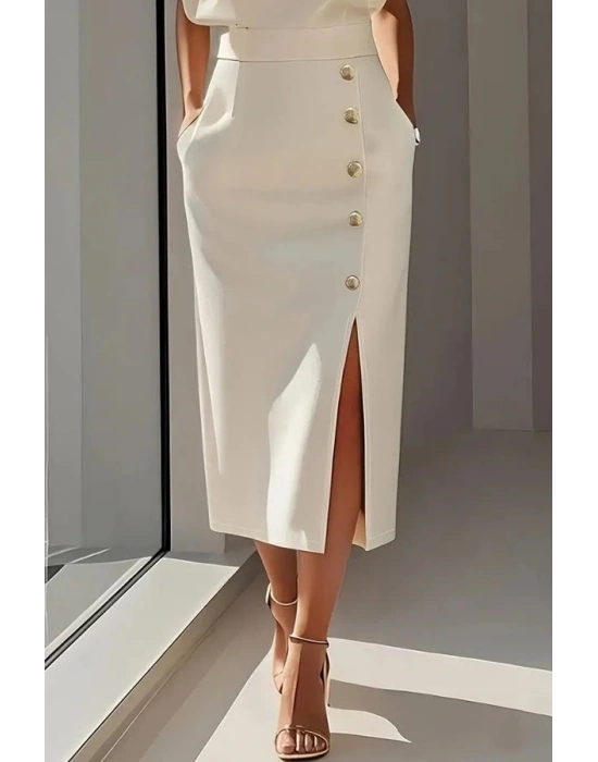 Kadın Uzun Kollu Bisiklet Yakalı Yandan Yırtmaçlı Düğmeli Midi Ithal Krep Elbise