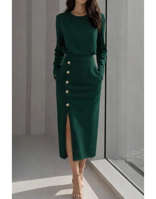 Kadın Uzun Kollu Bisiklet Yakalı Yandan Yırtmaçlı Düğmeli Midi Ithal Krep Elbise