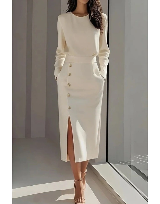 Kadın Uzun Kollu Bisiklet Yakalı Yandan Yırtmaçlı Düğmeli Midi Ithal Krep Elbise