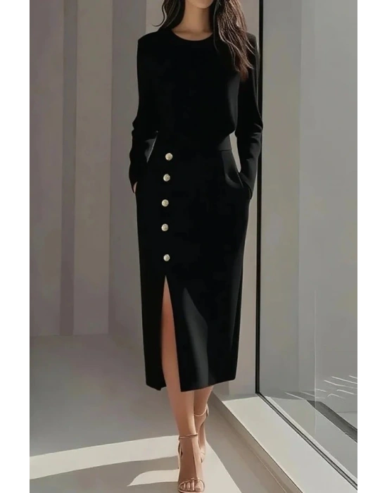 Kadın Uzun Kollu Bisiklet Yakalı Yandan Yırtmaçlı Düğmeli Midi Ithal Krep Elbise