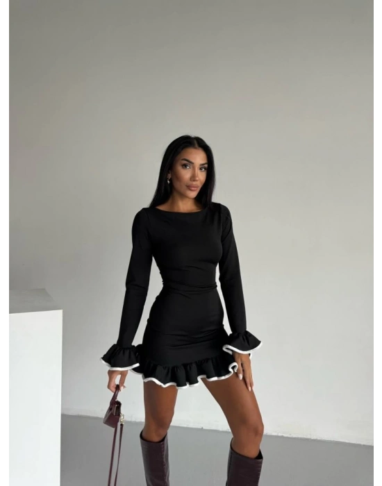 Kadın Uzun Kollu Biye Ve Volan Detaylı Dalgıç Kumaş Mini Elbise