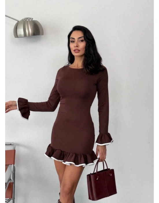 Kadın Uzun Kollu Biye Ve Volan Detaylı Dalgıç Kumaş ini Elbise