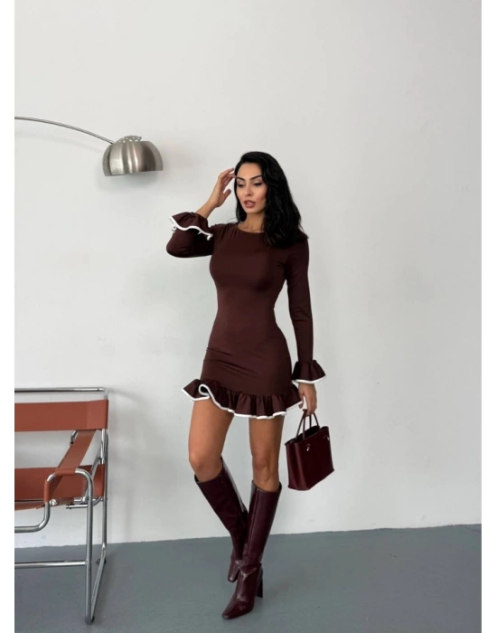 Kadın Uzun Kollu Biye Ve Volan Detaylı Dalgıç Kumaş ini Elbise