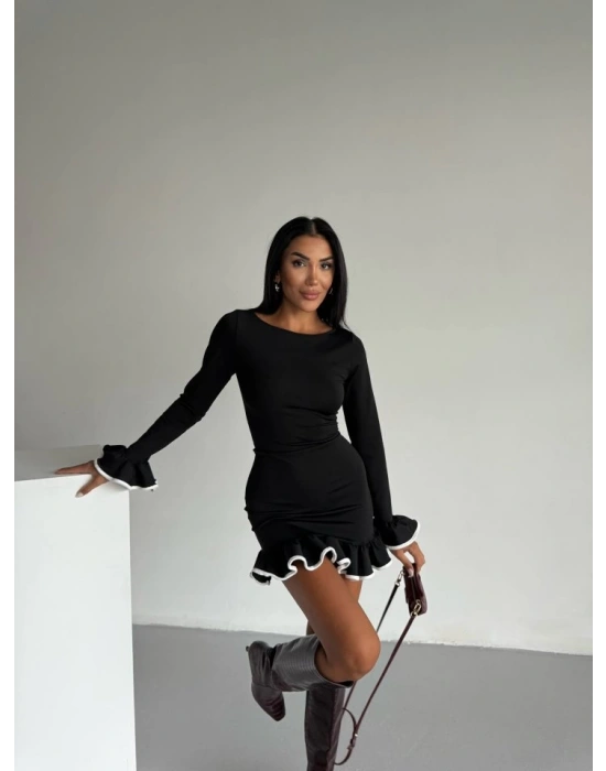 Kadın Uzun Kollu Biye Ve Volan Detaylı Dalgıç Kumaş Mini Elbise