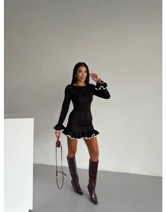 Kadın Uzun Kollu Biye Ve Volan Detaylı Dalgıç Kumaş Mini Elbise