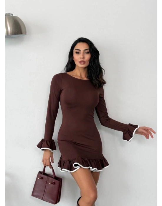 Kadın Uzun Kollu Biye Ve Volan Detaylı Dalgıç Kumaş ini Elbise