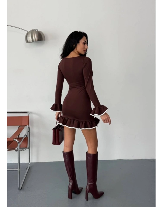 Kadın Uzun Kollu Biye Ve Volan Detaylı Dalgıç Kumaş ini Elbise