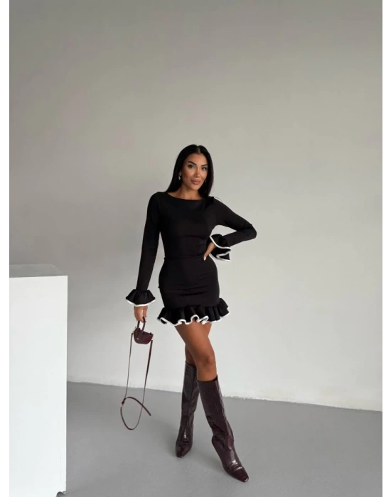 Kadın Uzun Kollu Biye Ve Volan Detaylı Dalgıç Kumaş Mini Elbise