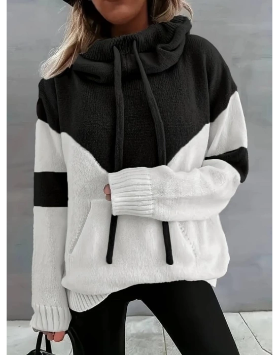 Kadın Uzun Kollu Blok Desenli Bağcıklı Triko Bluz