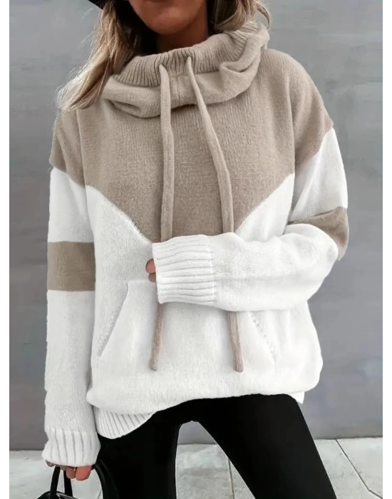 Kadın Uzun Kollu Blok Desenli Bağcıklı Triko Bluz