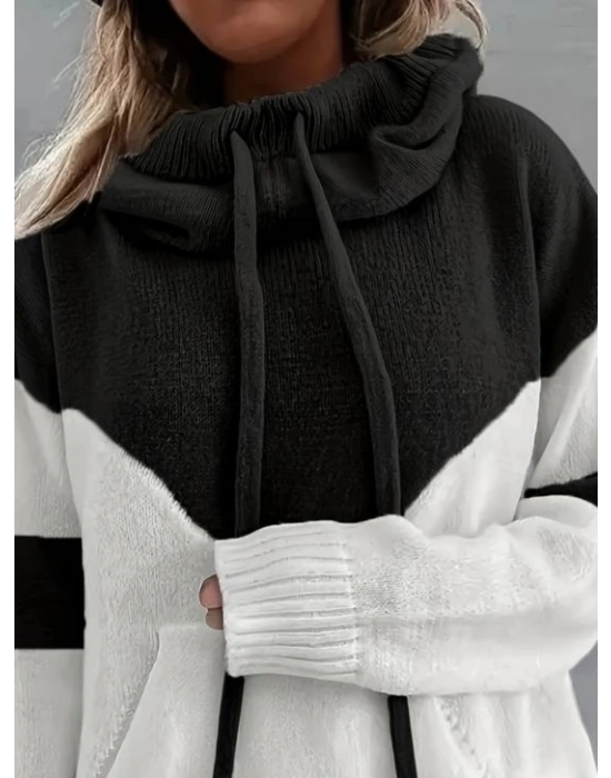 Kadın Uzun Kollu Blok Desenli Bağcıklı Triko Bluz