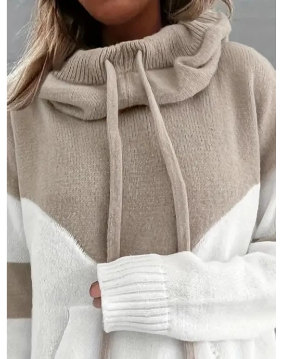 Kadın Uzun Kollu Blok Desenli Bağcıklı Triko Bluz