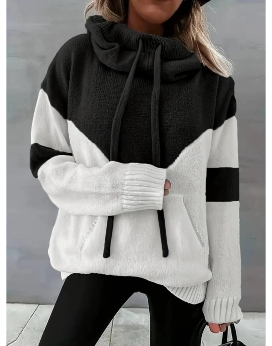 Kadın Uzun Kollu Blok Desenli Bağcıklı Triko Bluz