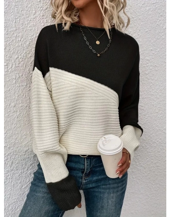 Kadın Uzun Kollu Blok Desenli Triko Bluz