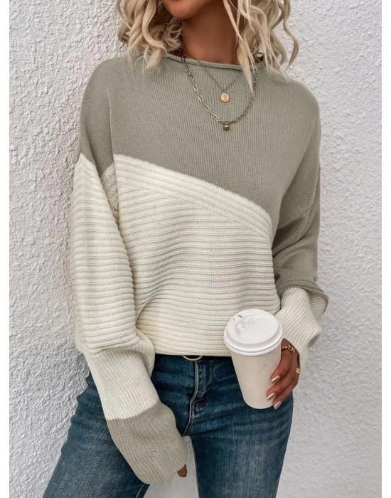 Kadın Uzun Kollu Blok Desenli Triko Bluz