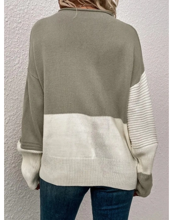 Kadın Uzun Kollu Blok Desenli Triko Bluz