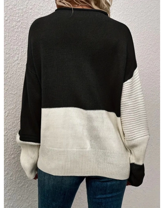 Kadın Uzun Kollu Blok Desenli Triko Bluz