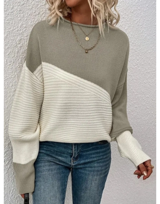 Kadın Uzun Kollu Blok Desenli Triko Bluz