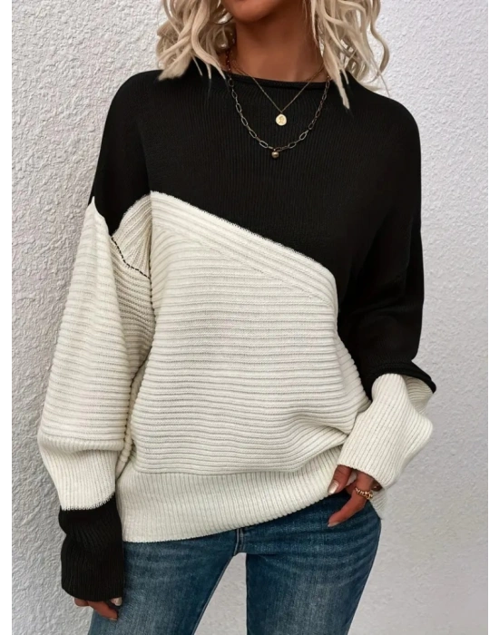 Kadın Uzun Kollu Blok Desenli Triko Bluz