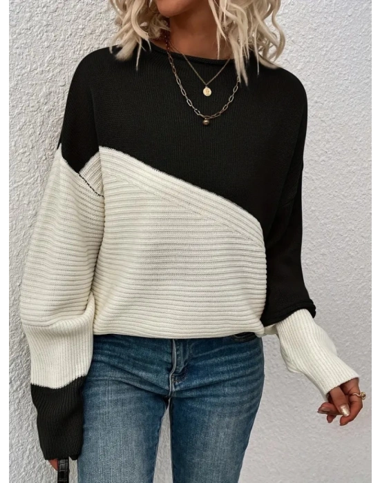 Kadın Uzun Kollu Blok Desenli Triko Bluz