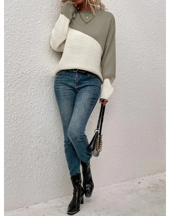 Kadın Uzun Kollu Blok Desenli Triko Bluz