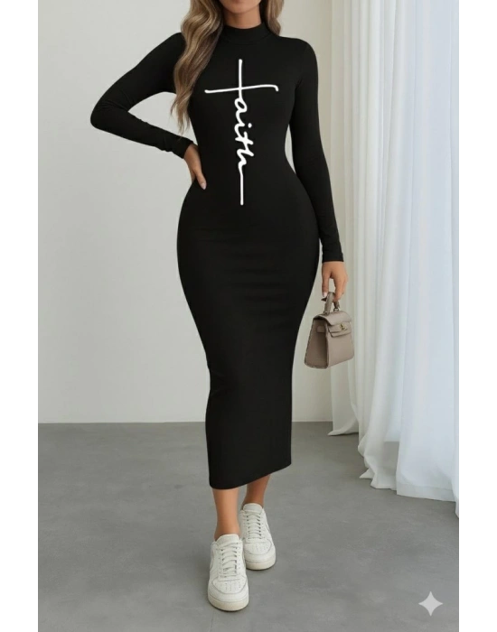 Kadın Uzun Kollu Boğazlı Baskı Detaylı Viskon Tam Boy Elbise