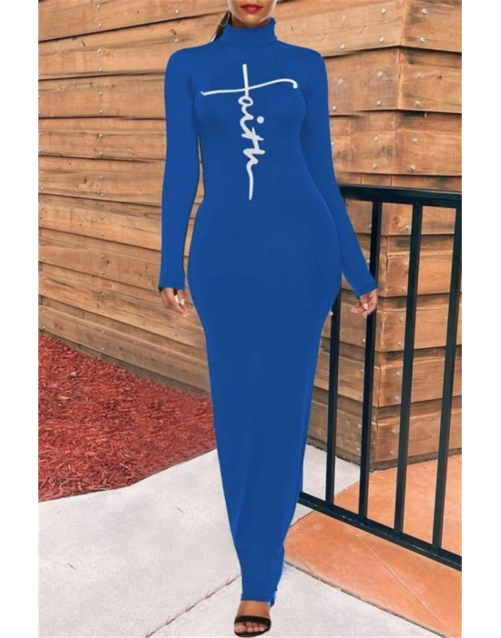 Kadın Uzun Kollu Boğazlı Baskı Detaylı Viskon Tam Boy Elbise