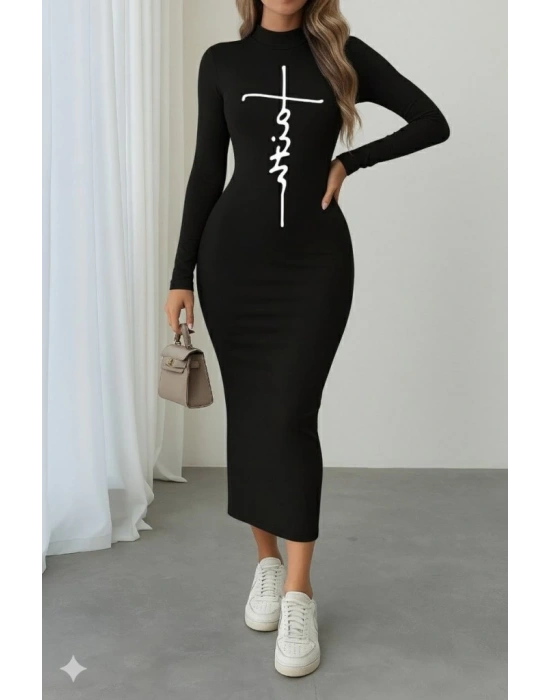 Kadın Uzun Kollu Boğazlı Baskı Detaylı Viskon Tam Boy Elbise