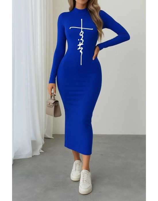 Kadın Uzun Kollu Boğazlı Baskı Detaylı Viskon Tam Boy Elbise