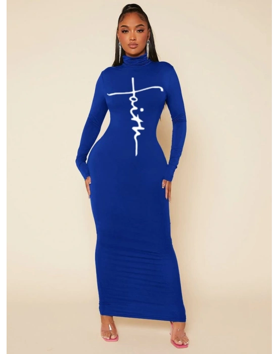 Kadın Uzun Kollu Boğazlı Baskı Detaylı Viskon Tam Boy Elbise