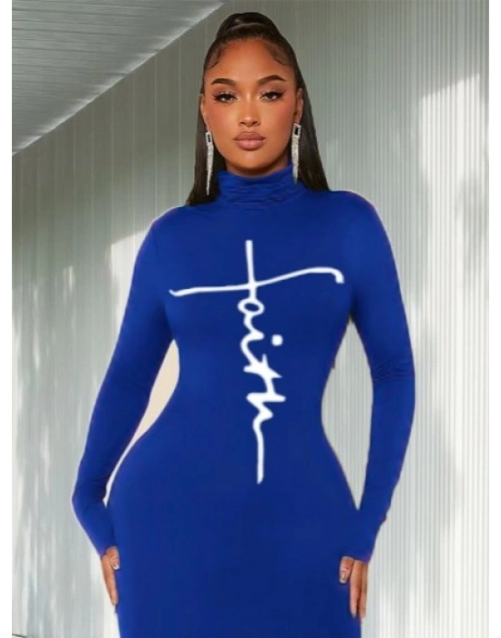 Kadın Uzun Kollu Boğazlı Baskı Detaylı Viskon Tam Boy Elbise