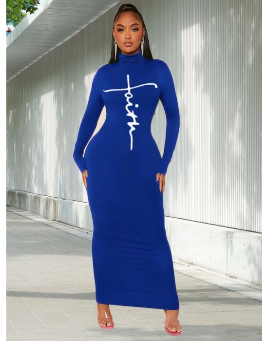 Kadın Uzun Kollu Boğazlı Baskı Detaylı Viskon Tam Boy Elbise