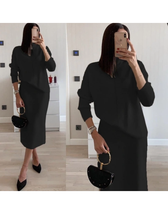 Kadın Uzun Kollu Boğazlı Kazak Ve Yanı Yırtmaçlı Etek Akrilik Ikili Takım