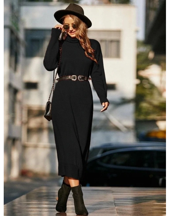 Kadın Uzun Kollu Boğazlı Midi Boy Triko Elbise (kemersiz)