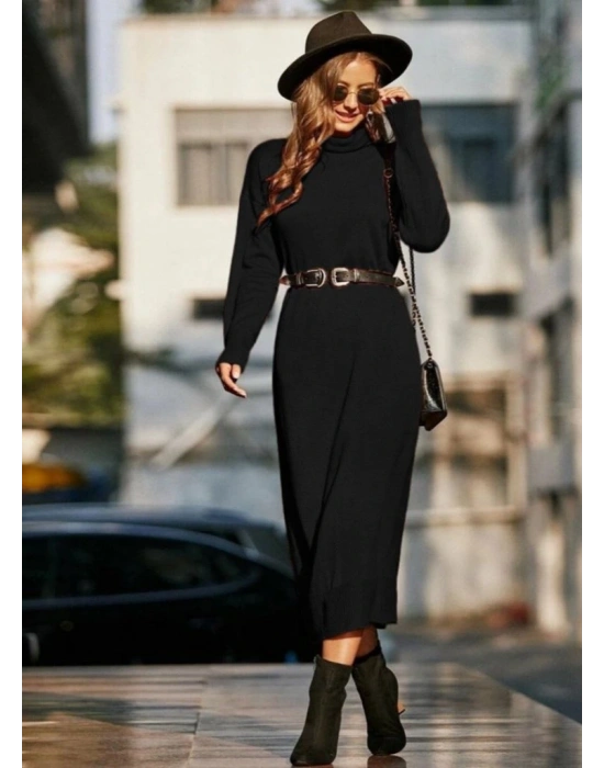 Kadın Uzun Kollu Boğazlı Midi Boy Triko Elbise (kemersiz)