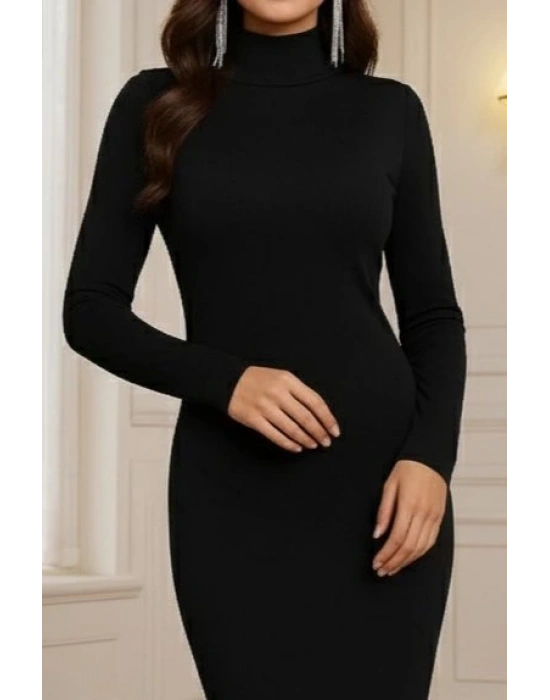 Kadın Uzun Kollu Boğazlı Midi Boy Triko Elbise (kemersiz)