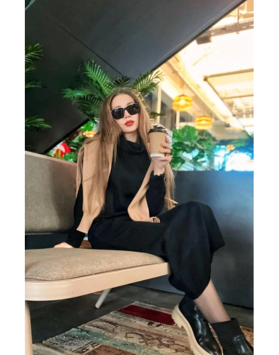 Kadın Uzun Kollu Boğazlı Midi Boy Triko Elbise (kemersiz)