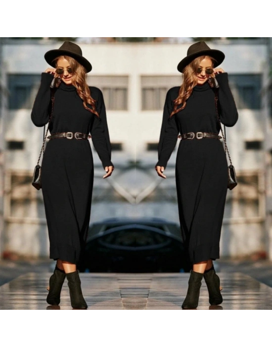 Kadın Uzun Kollu Boğazlı Midi Boy Triko Elbise (kemersiz)