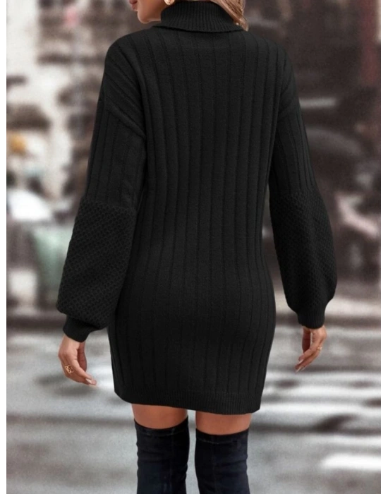 Kadın Uzun Kollu Boğazlı Uzun Balon Kol Triko Mini Elbise