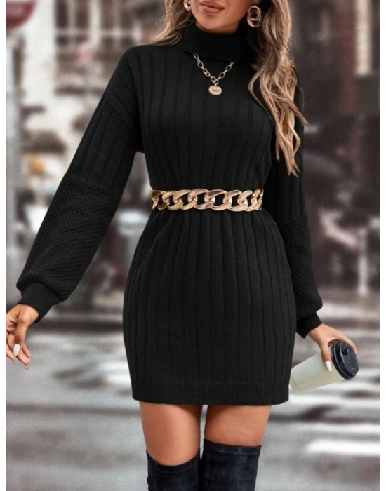 Kadın Uzun Kollu Boğazlı Uzun Balon Kol Triko Mini Elbise